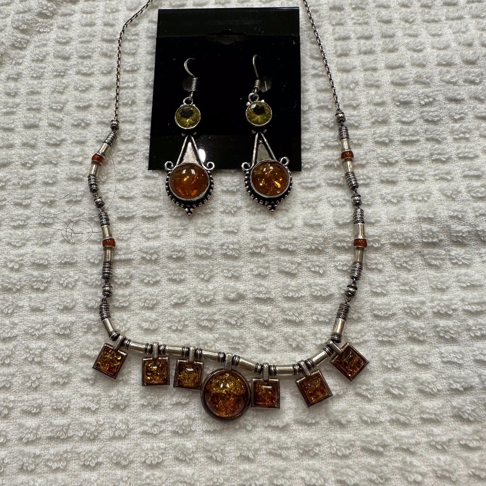 Set of Amber Stone Necklace & Earrings Silver Marked 925 Sz 8.5 Long Earrings 2"